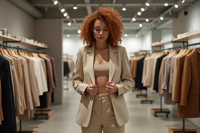 Femme vérifiant l'étiquette de taille d'un blazer Zara dans un magasin de prêt-à-porter