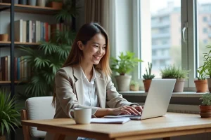 Jeune femme souriante avec graphiques financiers sur son ordinateur