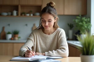 Jeune femme à la maison gère ses finances dans la cuisine