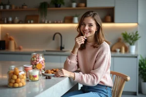 Femme souriante dégustant des bonbons colorés dans une cuisine moderne