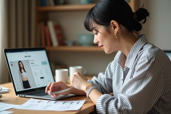 Femme consultant un guide des tailles Zara en ligne depuis chez elle avec un mètre ruban
