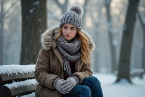 Femme en hiver assise sur un banc dans un parc froid