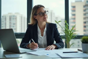 Femme d affaires examinant des documents immobiliers dans un bureau lumineux