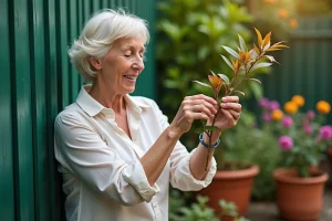 Femme examinant une branche de laurier oleander dans son jardin