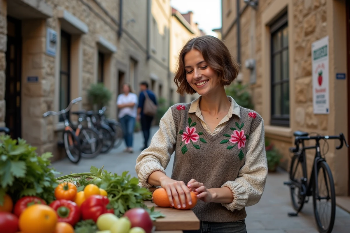 Femme arrangeant des légumes sur une table de marché en plein air