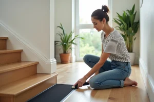 Femme en jeans nettoie une bande antidérapante d'escalier