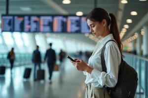 Jeune femme à l'aéroport consulte son smartphone