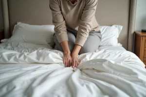 Femme plissant un linge dans une chambre moderne et chaleureuse