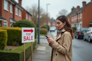 Femme en trench regardant une maison à vendre dans un quartier résidentiel