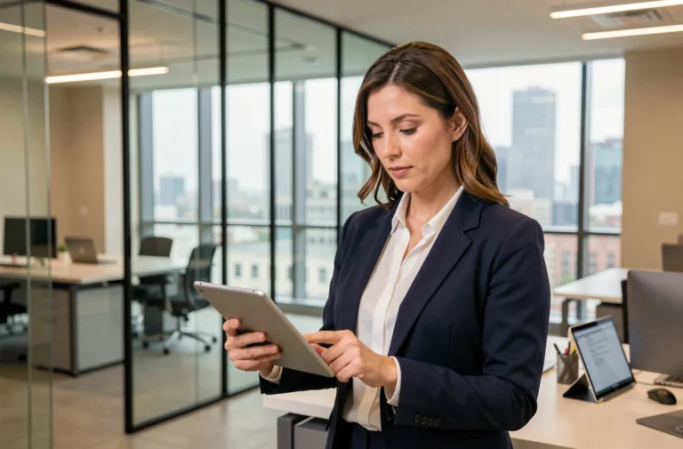 Femme professionnelle en blazer marine consultant une tablette numérique dans un bureau moderne avec vue sur la ville, illustrant les tendances business 2024