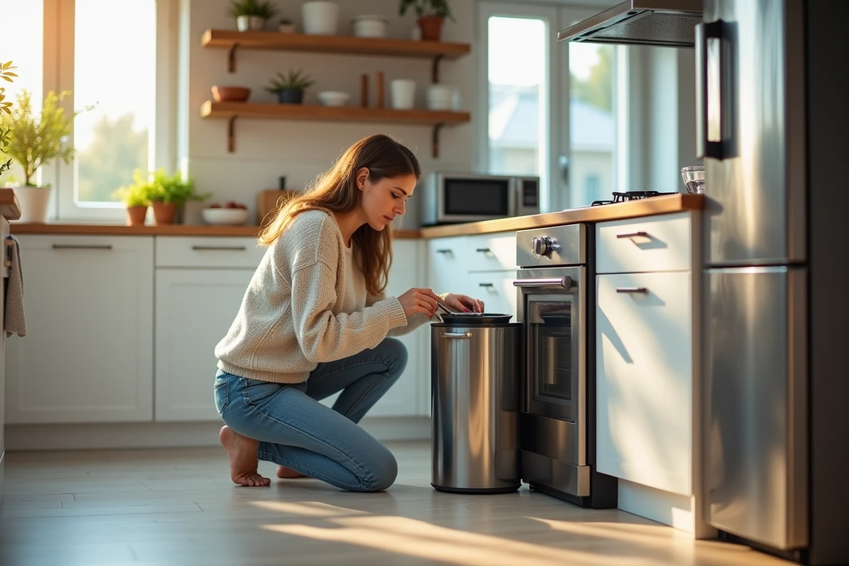 Jeune femme changeant un filtre dans une cuisine moderne lumineuse