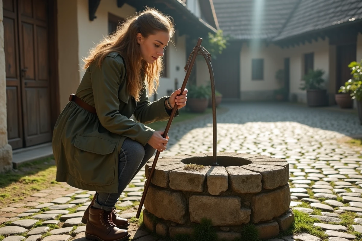 Jeune femme examinant une baguette de radiesthésie près d