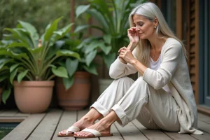 Femme assise sur une terrasse en extérieur essayant des sandales