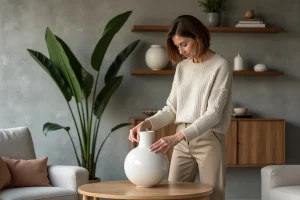 Femme posant une vase en céramique dans un salon moderne