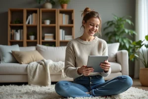 Femme souriante utilisant une tablette dans un salon cosy