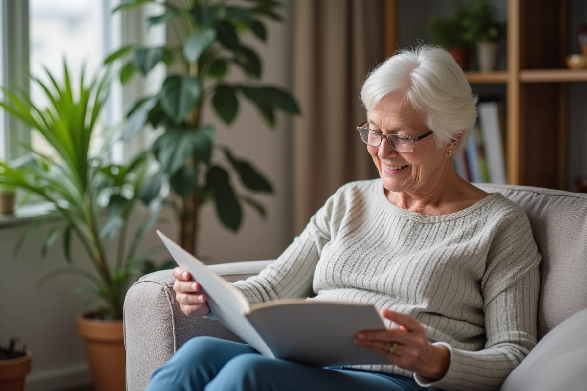 Femme senior lisant un guide de prévention en santé à la maison