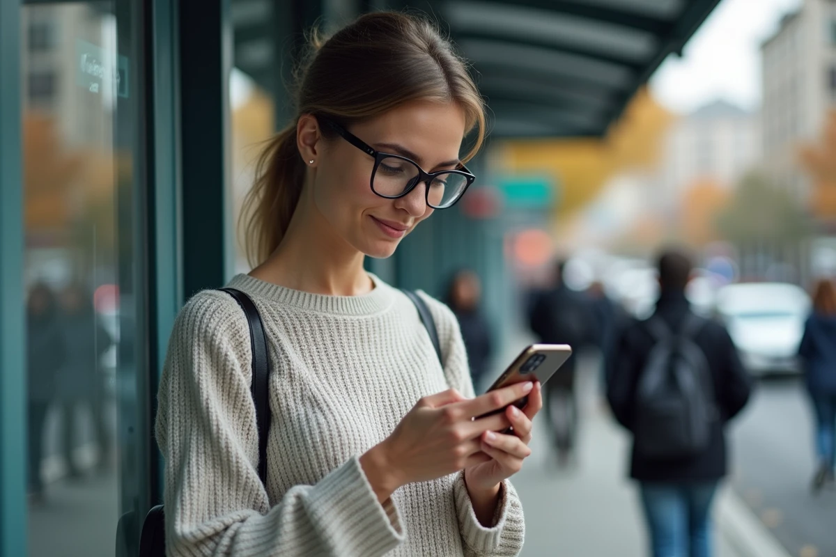 Femme regardant son smartphone à un arrêt de bus urbain