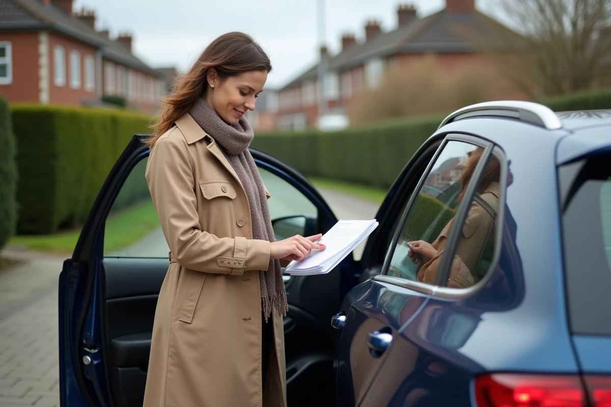 Femme vérifie le tableau de bord de sa voiture dehors