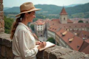 Femme écrivant dans un journal de voyage sur un mur ancien