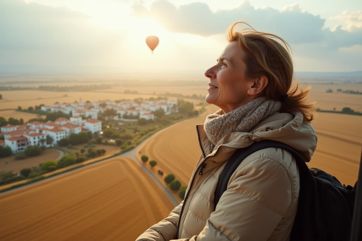 Femme regardant le paysage depuis un ballon en vol