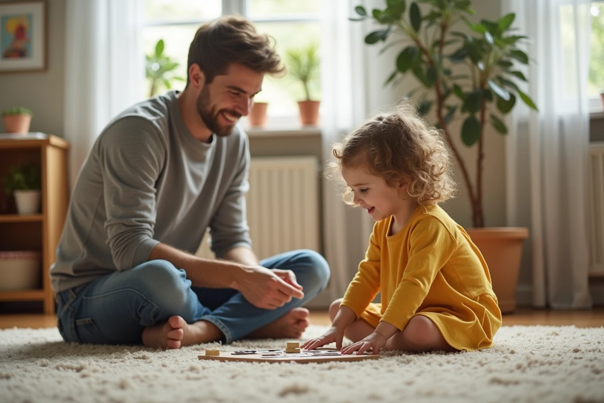 Fille de 6 ans jouant avec son père à la maison