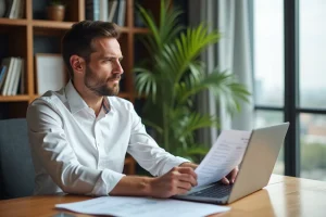 Homme d'affaires analysant des documents financiers sur un bureau moderne avec un ordinateur portable, illustrant la gestion financière personnelle avec Propatrimonia