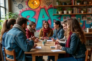 Groupe diversifié de personnes discutant dans un espace communautaire chaleureux