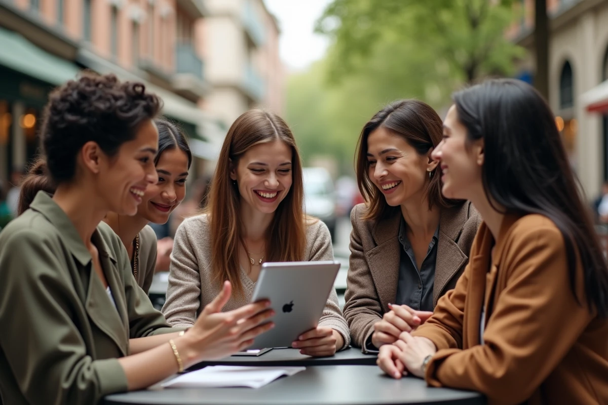 Groupe de femmes discutant autour d une table en terrasse