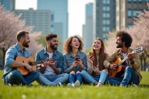 Groupe de jeunes chantant dans un parc urbain au printemps