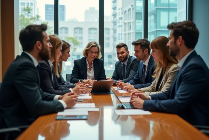 Groupe de professionnels en réunion dans un bureau moderne