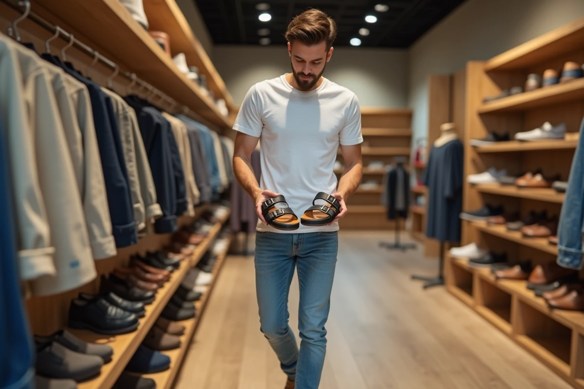 Jeune homme dans une boutique essayant des sandales confortables