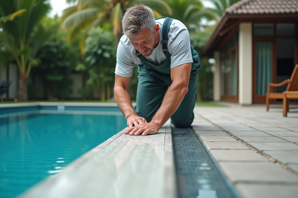 Homme en overalls pose une bande antidérapante au bord de la piscine