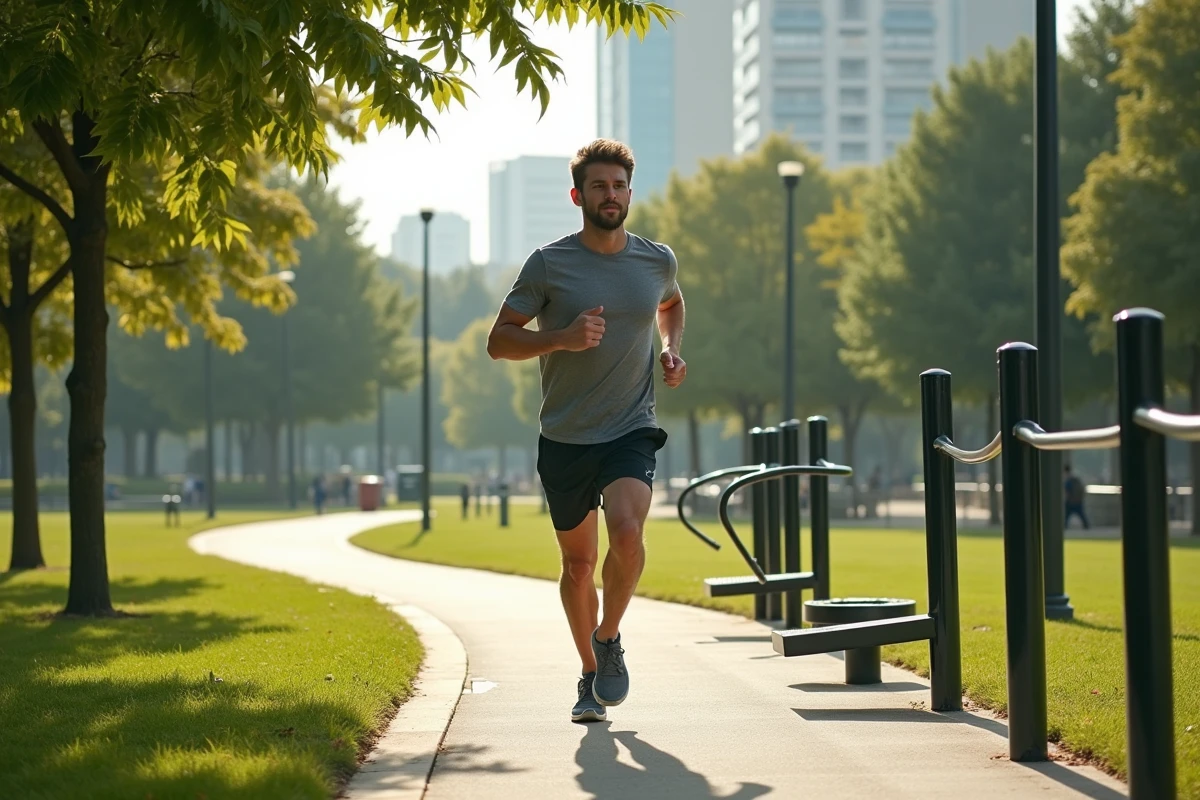 Jeune homme courant dans un parc urbain avec station fitness