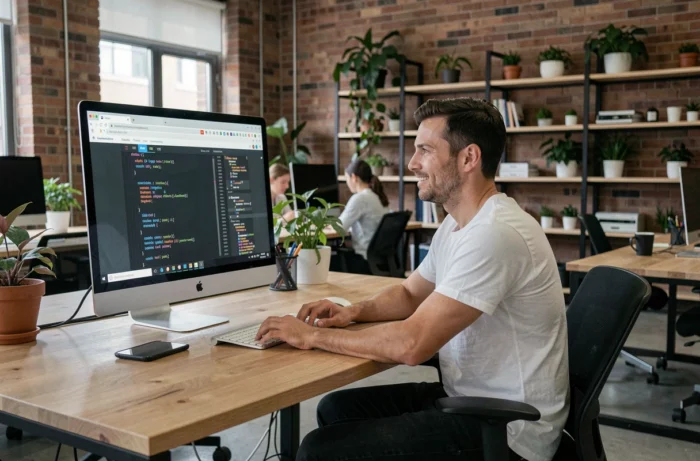 Homme en train d'apprendre le développement web dans un espace de coworking moderne