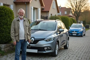 Homme d'âge moyen souriant à côté de sa voiture familiale