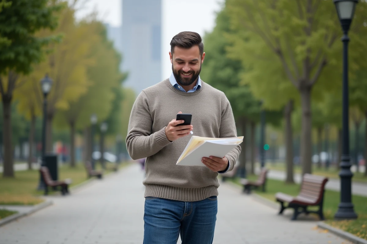 Homme vérifiant une application financière dans un parc public