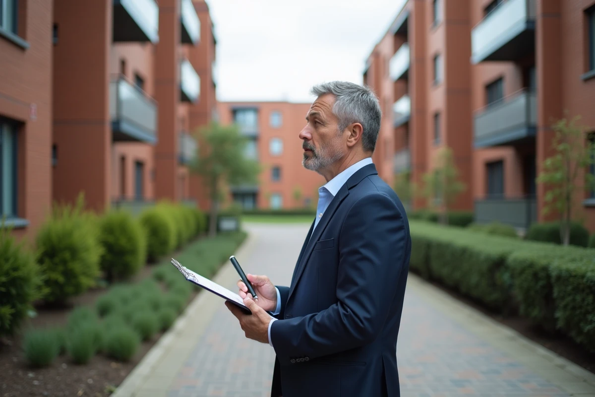 Homme d âge moyen observant un bâtiment résidentiel en extérieur