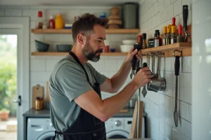 Homme d'âge moyen rangeant des outils dans un atelier lumineux