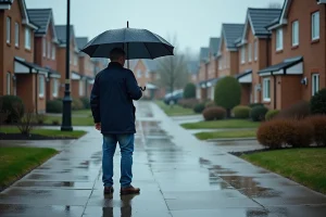 Homme d'âge moyen avec parapluie dans la rue sous la pluie