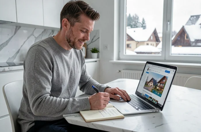 Homme recherchant les coordonnées d'une agence immobilière suisse sur internet depuis son appartement