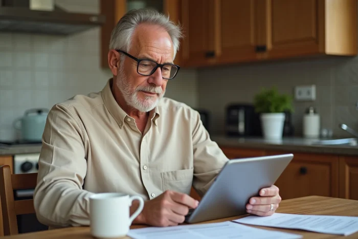 Homme consultant les modalités de remboursement de son contrat Prévilion sur tablette