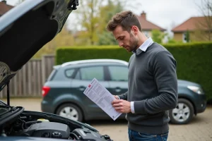 Homme examinant un moteur de voiture avec notice de rappel