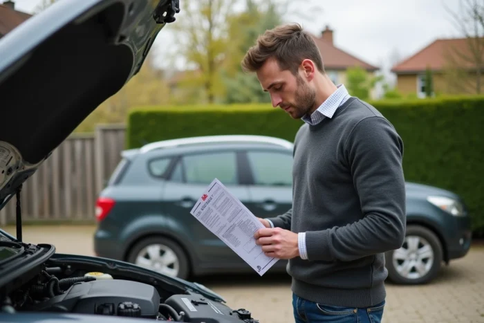 Homme examinant un moteur de voiture avec notice de rappel