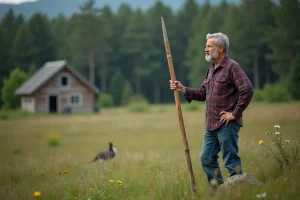 Homme d'âge moyen avec baguette de radiesthésie dans un champ