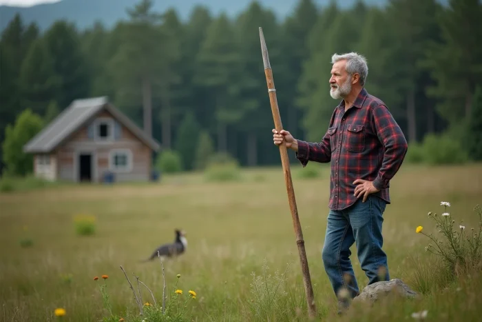Homme d'âge moyen avec baguette de radiesthésie dans un champ