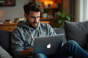Jeune homme regardant un site de streaming sportif sur son ordinateur portable dans un salon moderne