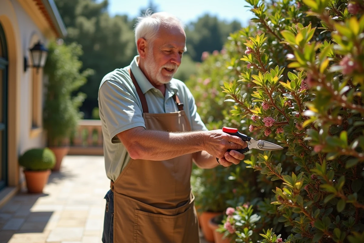 Homme taillant un oleander en terrasse en été