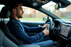 Homme dans sa voiture utilise l'écran tactile de l'infotainment