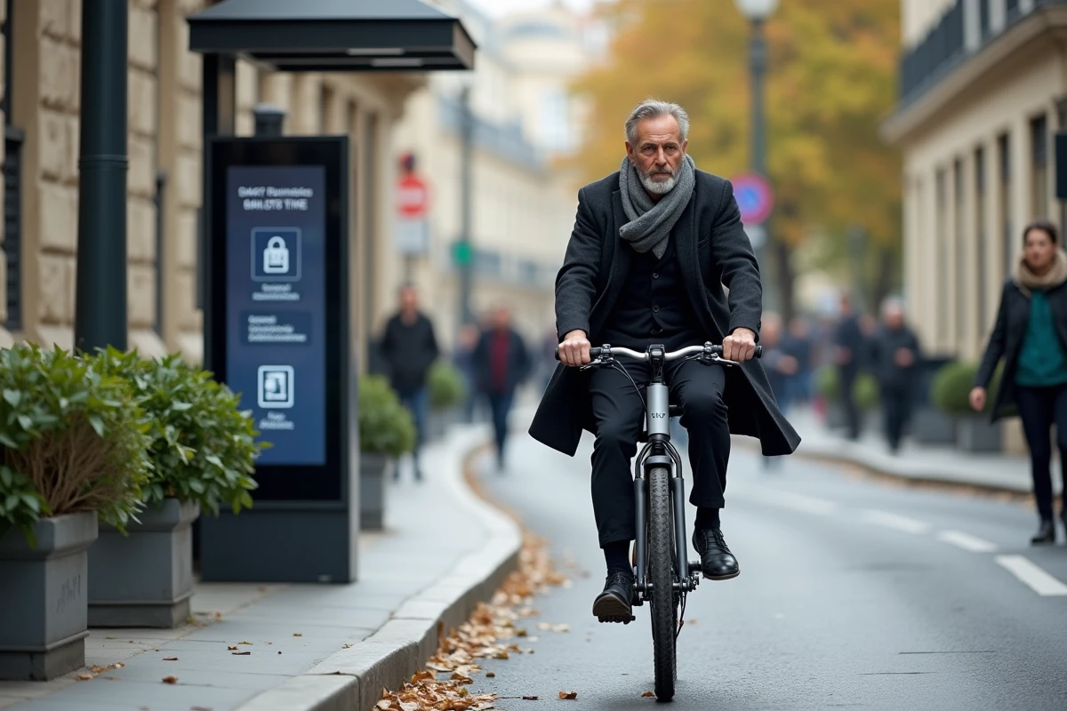 Homme à vélo électrique passant devant un arrêt de tram à Paris