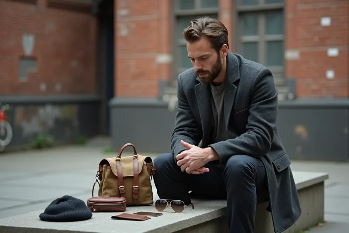 Homme en milieu urbain assis à côté d'accessoires de mode posés sur un banc, illustrant la différence entre vêtements portés et accessoires complémentaires